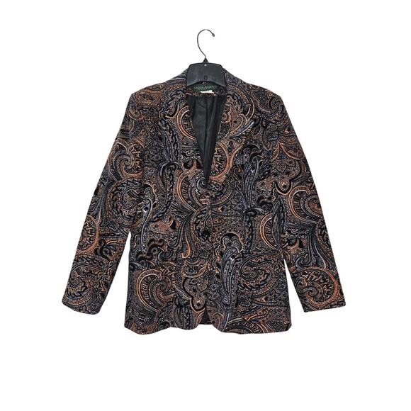 VTG Harve Benard Paisley Velvet Jacket Sz 8 Medium Button Closure Black/Orange - Picture 1 of 7
